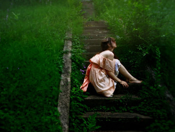 Silence, green, steps, nature, girl, dress HD wallpaper