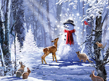 Forest Snowman, sunshine, winter, painting, snow, deer, rabbits, trees HD wallpaper