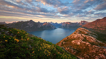 Norwegian Fjord in spring, hills, rocks, water, clouds, landscape, sky HD wallpaper