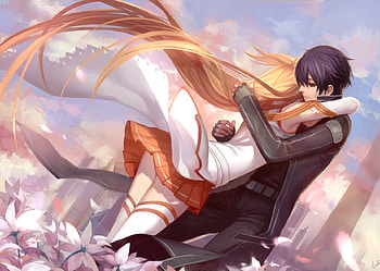 I Love You, orange hair, sword art online, petals, flower, couple, short hair, cloud, female, blossom, kazuto, girl, asuna yuuki, yuuki, anime girl, sao, anime, pretty, romantic, kirigaya kazuto, kirito, lover, floral, yuuki asuna, long hair, beauty, male, braids, kirigaya, asuna, beautiful, romance, black hair, armor, lack hair, boy, hug, love, sky HD wallpaper