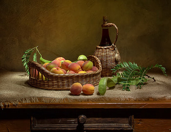 Still life, Apricot, Bottle, Leaves, Basket HD wallpaper