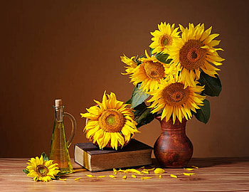 Sunflowers, Vase, Book, Table HD wallpaper