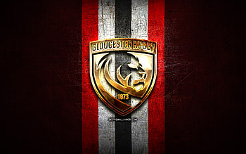 Gloucester Rugby, golden logo, Premiership Rugby, red metal background, english rugby club, Gloucester Rugby logo, rugby HD wallpaper