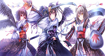 Touhou Sword Girls, japanese clothes, foxgirl, thighhighs, warrior, hat, female, shameimaru aya, sexy, brave, himekaidou hatate, wings, sweet, three girls, sword, smile, ribbon, hot, tail, fan, anime girl, inubashiri momiji, cool, touhou, fighter, katana HD wallpaper