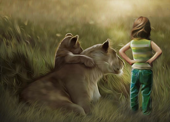Friends, girl, lion, art HD wallpaper