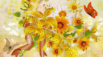 Autumns Magic, tiger lily, firefox persona, ribbon, fall, orange, butterflies, season, yellow, autumn, flowers HD wallpaper
