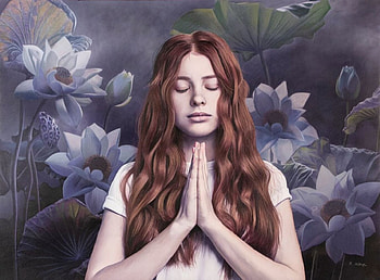 - Meditation -, meditating, Girl, closed eyes, long hair, Blue flowered background HD wallpaper