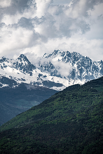 Nature, Trees, Sky, Mountains, Vertex, Tops, Snow Covered, Snowbound, Valley HD phone wallpaper