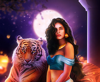 Jasmine, tiger, girl, disney, hosne qanadelo, orange, purple, sultan, moon, fantasy, louna, luminos, princess HD wallpaper