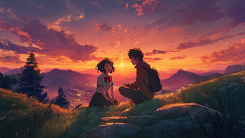 Anime Girl With His Loved One, anime-girl, boy, sunset, view, mountains, artwork, art, digital-art, ai, artist HD wallpaper