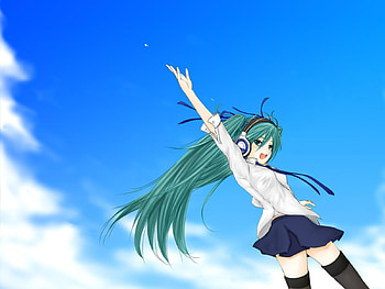 Hatsune Miku, awesome, stars, nice, blue sky, hatsune, white, twintail, girl, headset, singer, aqua, sky blue, anime, pretty, virtual, blue, black, song, heads, cute, vocaloid, beauty, miku, music, vocaloids, thighhighs, program, skirt, beautiful, diva, cool, clouds, sky, idol, micro HD wallpaper