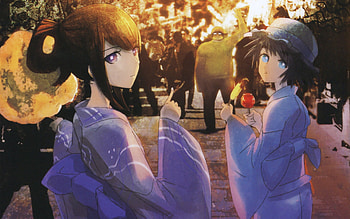 shiina mayuri, huke, makise kurisu, blue eyes, yukata, steins gate, hashida itaru, long hair, hat HD wallpaper