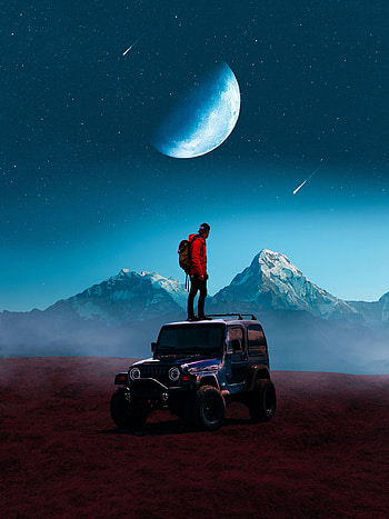 Distant planet, moon, car HD phone wallpaper