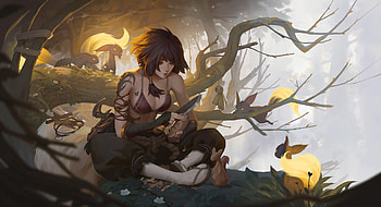 Tree house, dao le trong, fantasy, yellow, girl, veverita, daoletrong, tree, squirrel HD wallpaper