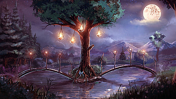 Full Moon, Moon, Fantasy, Landscape, Night, Tree HD wallpaper