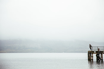 Water, Lake, Pier, Miscellanea, Miscellaneous, Fog, Human, Person, Loneliness, Melancholy HD wallpaper