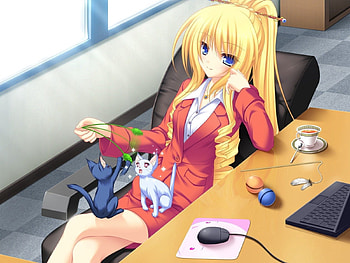 Anime, Cat, Cup, Girl, Game, Armchair, Cabinet HD wallpaper