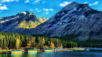 cruise boats on lake minnewanka canada r, boats, r, mountains, forest, lake HD wallpaper