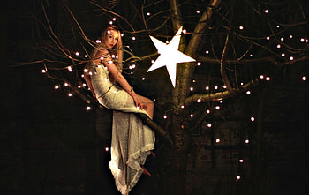 Luna tree, night, black, girl, dress, serenity, tree, woman, star, pink, moon, fantasy, light, luna HD wallpaper