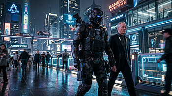 Neon Sentinel — Futuristic Bodyguard, Cyberpunk City HD wallpaper