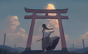 At gate, Sanae Kochiya, anime, art HD wallpaper