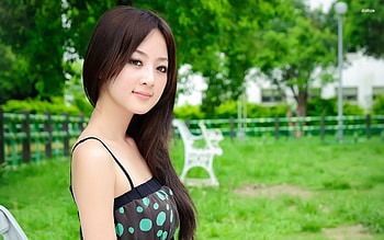 beautiful asian, girl, grass, asian, brunette HD wallpaper