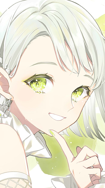 earrings, green eyes, white hair, short hair, Anime, girl, anime girl HD phone wallpaper