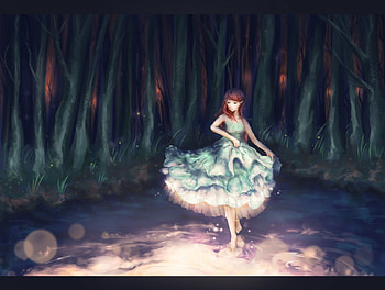 Dancing in the Night, night, sublime, glow, dress, nice, lady, darkness, dancing, maiden, sparks, beuty, sweet, dance, dancer, gorgeous, girl, beautiful, elf, dark, anime girl, elegant, anime, pretty, light, gown, lovely, forest HD wallpaper