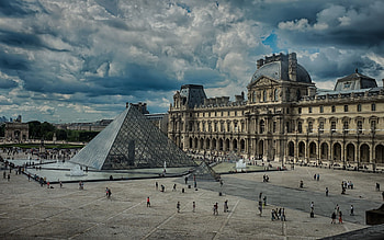 Louvre pyramid, Cloudy Paris, Architectural marvel, Paris buildings HD wallpaper