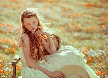Young beauty, child, copil, summer, field, redhead, girl, hat HD wallpaper