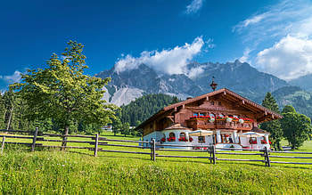 Styrian Alps, Austria, mountains, fence, meadows, clouds, trees, cottage, sky HD wallpaper