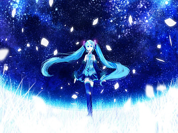 Hatsune Miku, blue, awesome, cute, stars, vocaloid, beauty, nice, miku, vocaloids, petals, hatsune, thighhighs, aqua eyes, skirt, twintaik, meadow, girl, aqua, beautiful, diva, tie, anime, pretty, aqua hair, cool, clouds, space, sky, idol, virtual HD wallpaper