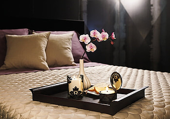 breakfast with flowers and candle, bed, vase, cup, interior, still life, breakfast, candle, fruit, flowers, pattern HD wallpaper