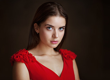 Red dress, cute, woman model, aqua eyes HD wallpaper