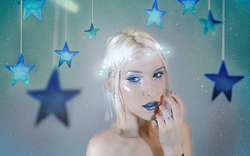 Blue stars and a beauty, star, blue, model, glitter, christmas, girl, woman HD wallpaper