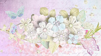 Angelique, butterflies, pastel, gold glitter stars, pink, firefox persona, flowers, writing, paper HD wallpaper