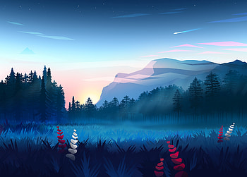 Landscape, Art, Mountains, Vector, Forest, Fog, Lawn HD wallpaper