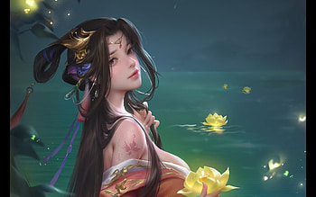 Fantasy girl, frumusete, yellow, flower, gorgeous, yiqian zhang, girl, water, lotus, superb HD wallpaper