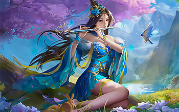 Music for a Bird, bird, musician, art, fantasy, girl, woman, blue, , digital, pretty, sakura HD wallpaper