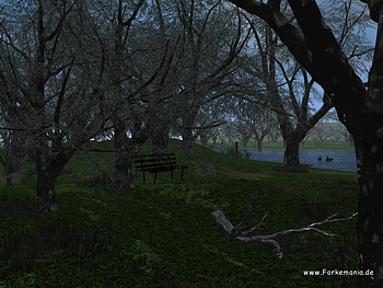 springtime, trees, bench, grass, water HD wallpaper