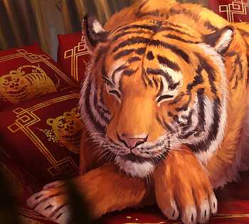 Tiger, xiaofan zhang, art, fantasy, zodiac, tigru, chinese, orange, year of the tiger HD wallpaper