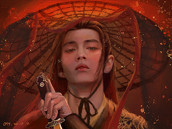 Xiao Zhan, ch4illust, fantasy, art, red, man, face, hat HD wallpaper