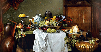 Feast, grapes, plums, instrument, vases, lemon, bottles, glasses, cloth, bowls, curtains, table, dishes, berries, plates, orange, tassels chest, melons, wine HD wallpaper