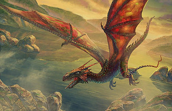 Fantasy, Rocks, Flight, Dragon, Chain HD wallpaper