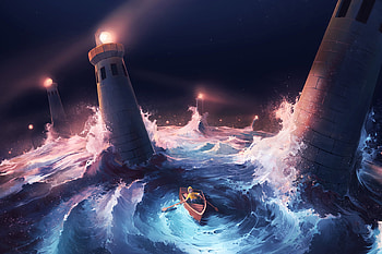 Art, Sea, Lighthouses, Boat, Storm HD wallpaper