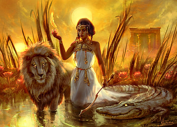 Rebirth, leu, inna vjuzhanina, girl, lion, gold, crocodile, fantasy, yellow, water, innavjuzhanina HD wallpaper