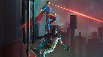Superman And Batman Is Using His Heat Vision, superman, batman, artwork, art, digital-art, superheroes HD wallpaper