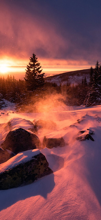 Winter snow sunset, , , Scenic landscapes HD phone wallpaper