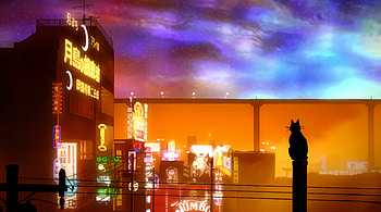 Akudama Drive - Cyberpunk City with Cat, Akudama Drive, Cyberpunk, Anime, Cat, City, Anime City, Anime Cat HD wallpaper