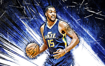 Derrick Favors, grunge art, Utah Jazz, NBA, basketball, Derrick Bernard Favors, Derrick Favors Utah Jazz, blue abstract rays, Derrick Favors HD wallpaper